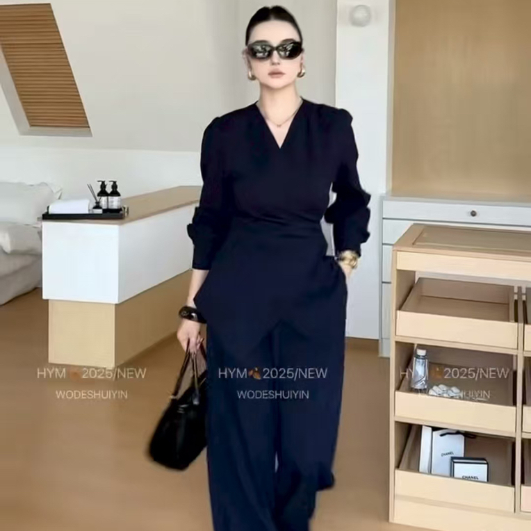 通勤时尚蓝色miu系大小姐英伦风长袖上衣阔腿裤套装