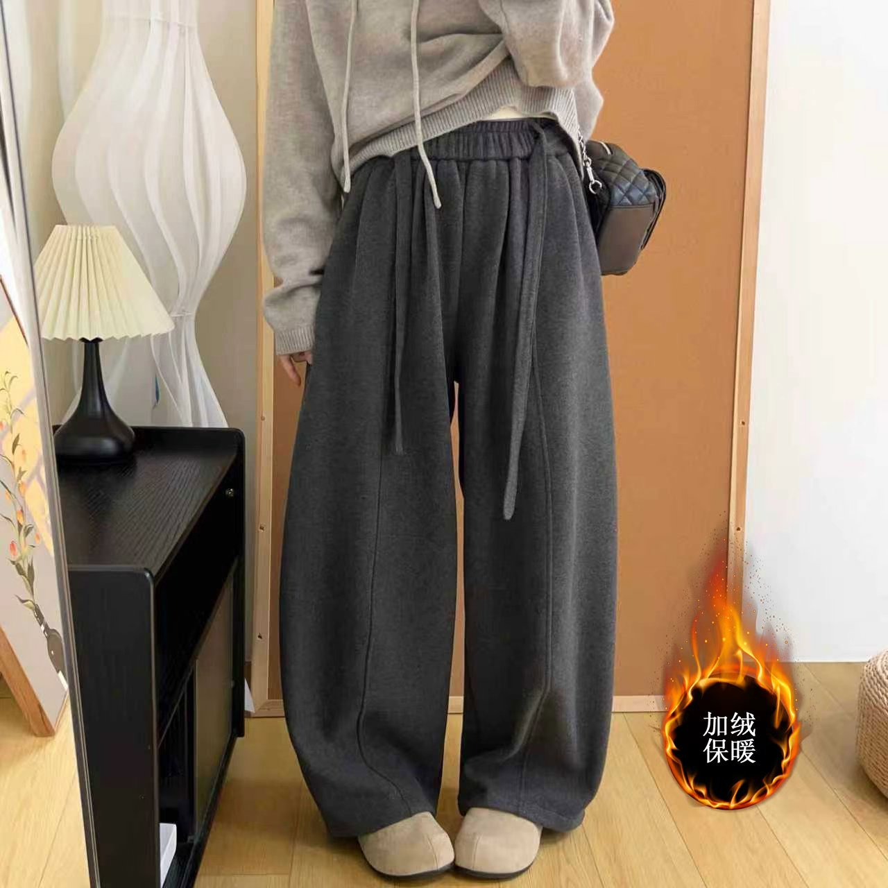 复古弯刀裤女秋冬2025新款宽松加绒加厚休闲裤垂感毛呢阔腿裤