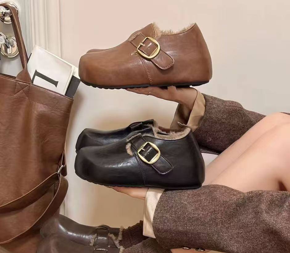 2025新款秋冬包头款休闲风学院风棉鞋百搭风纯色复古港风冬季