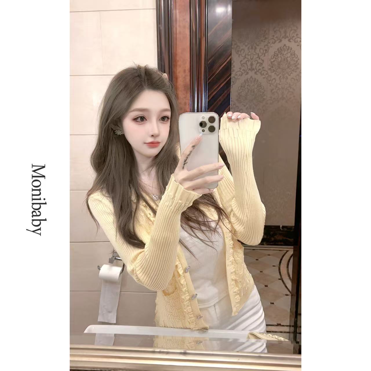 Moni【甜柠檬】早秋小香风高品质格菱花纹定制面料单排扣针织开衫