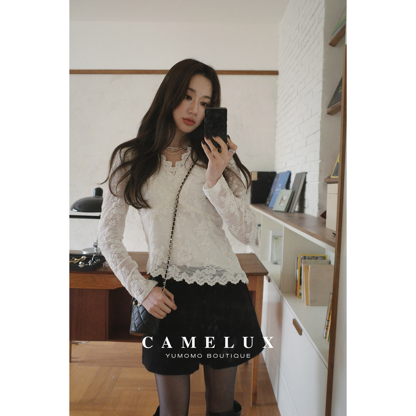 【Camelux线】法式浪漫优雅气质提花蕾丝波浪边打底上衣 QCA4013