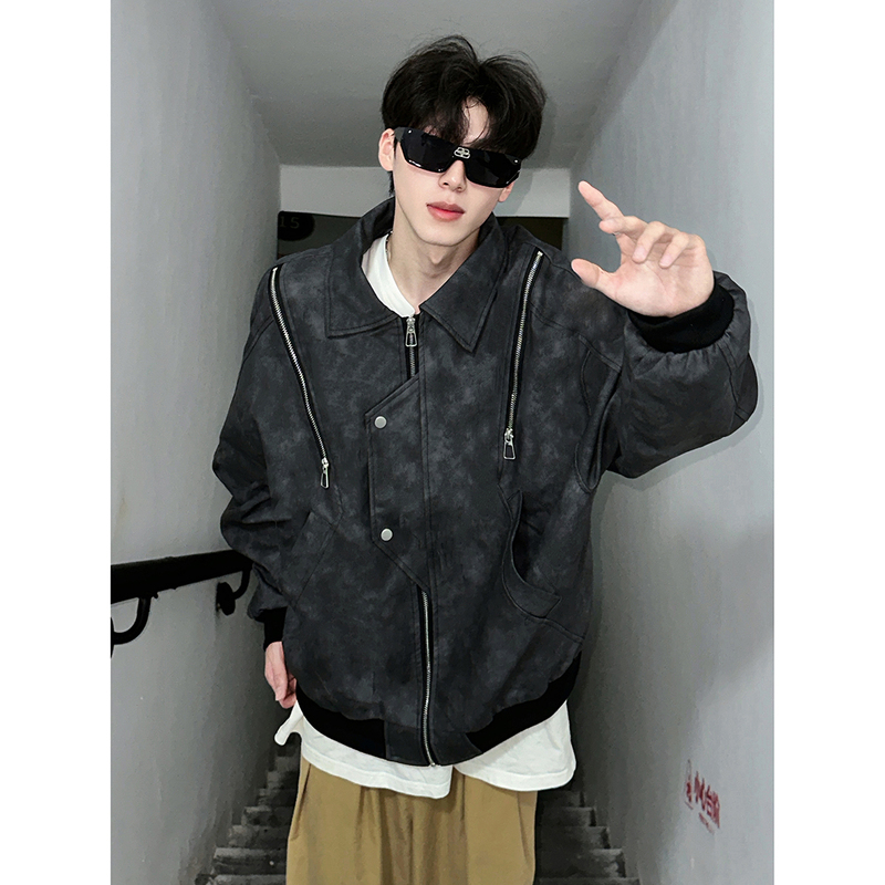 百搭情侣潮流翻领秋季男爆款 春装新款美式大码皮衣夹克外套 暗黑