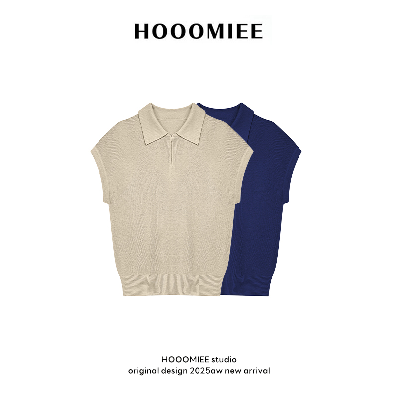 Hooomiee华夫气质小翻领纯色半拉链软糯短款上衣J25021