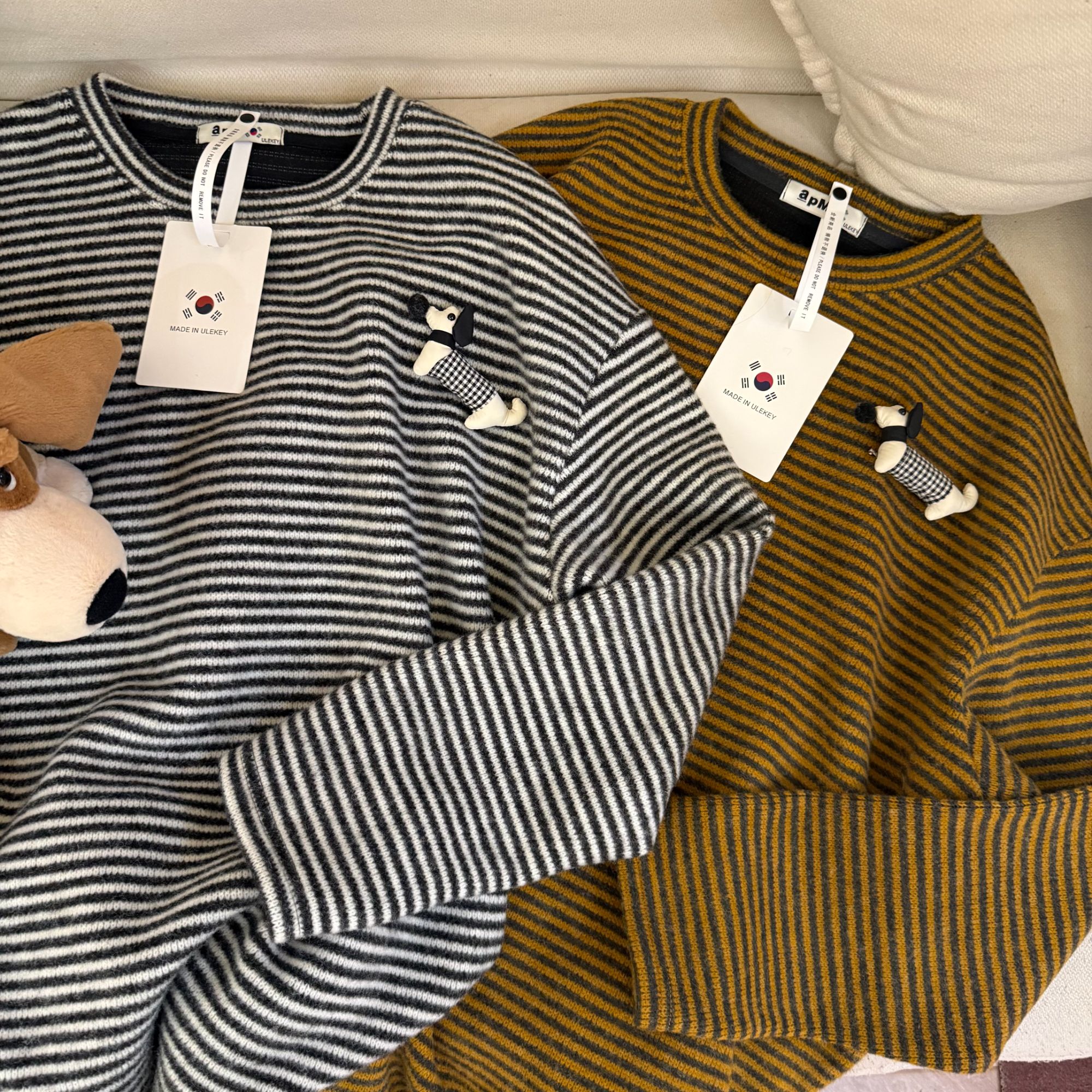 千万祖贤「 减龄卡通」韩国冬季刺绣宽松条纹加厚打底衫T恤女#6500