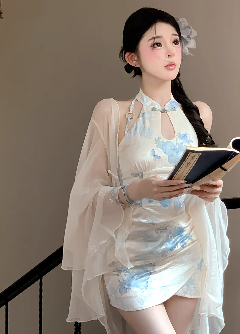 新中式国风女装夏季小个子高级感气质改良旗袍挂脖连衣裙两件套装