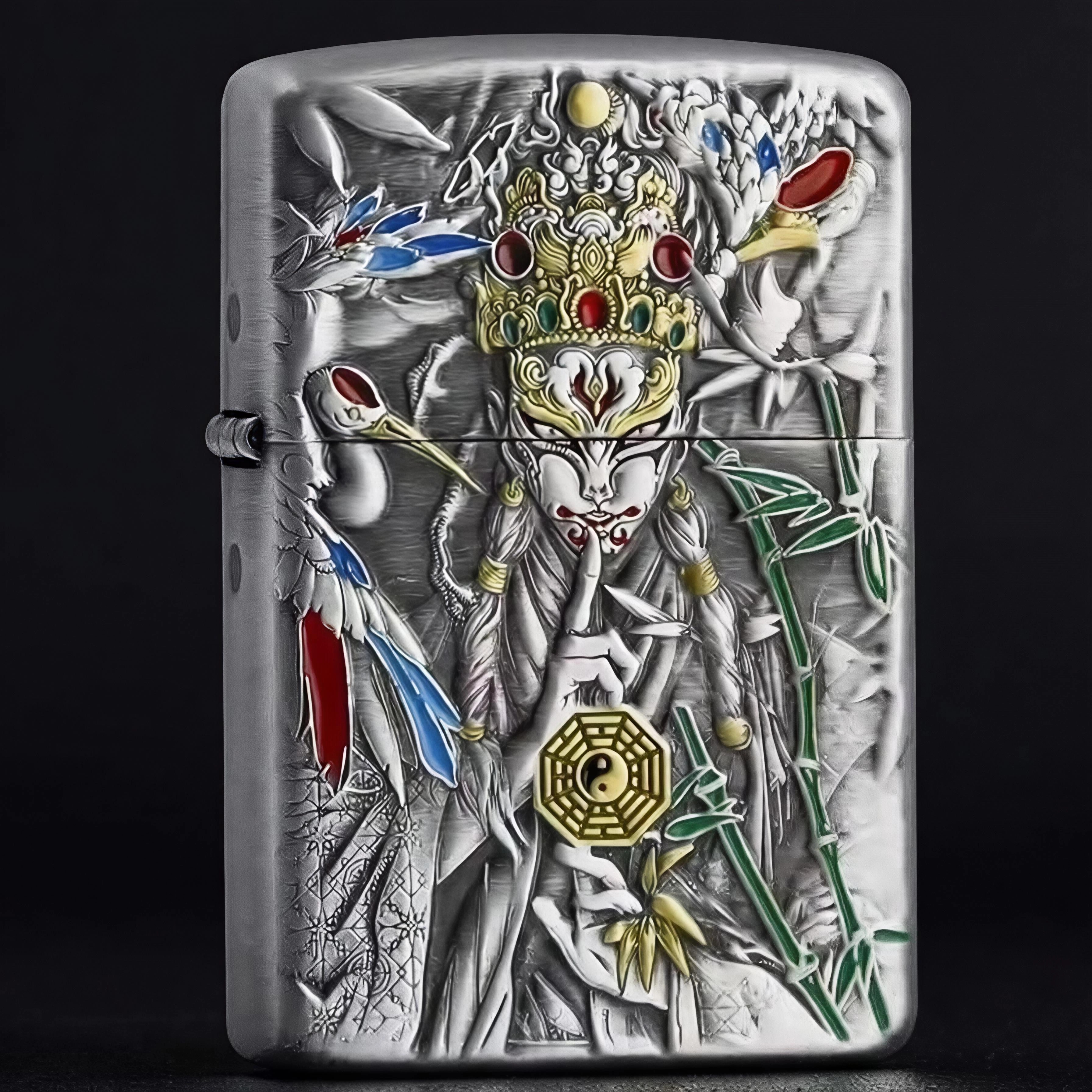 Zippo正品打火机 盔甲熏银白鹤童子双面珐琅彩男士送礼DYJ1