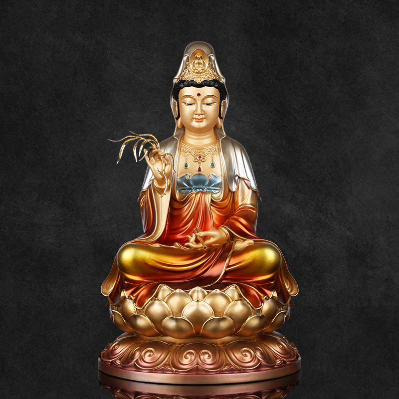 台湾纯铜观音菩萨佛像家用供奉南海观世音菩萨像坐像娑婆三圣摆件