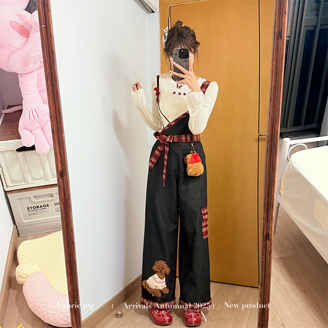 覆盆子莓果 织物猪原创 复古小狗连体裤子女秋冬红格背带长裤子