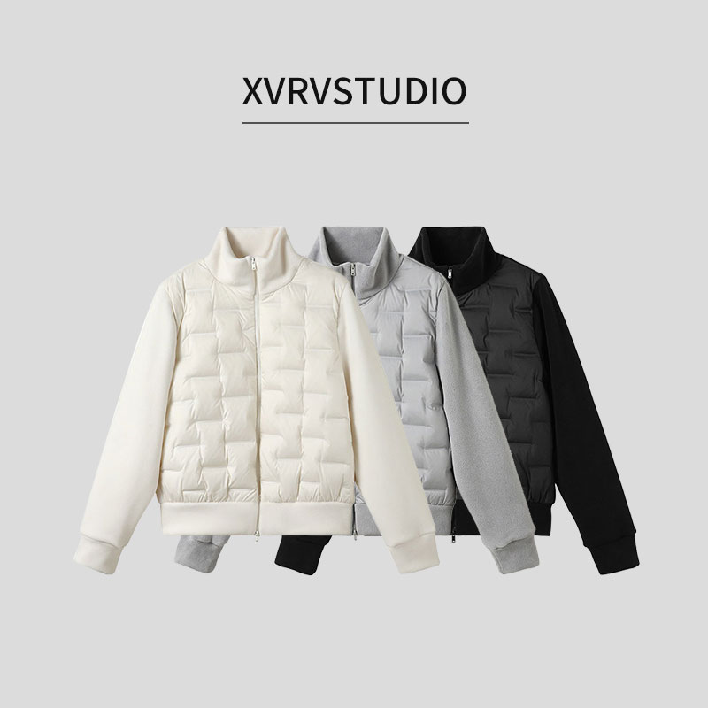 XVRV“90鸭绒”摇粒绒拼接纯色保暖简约上衣外套百搭运动羽绒服女