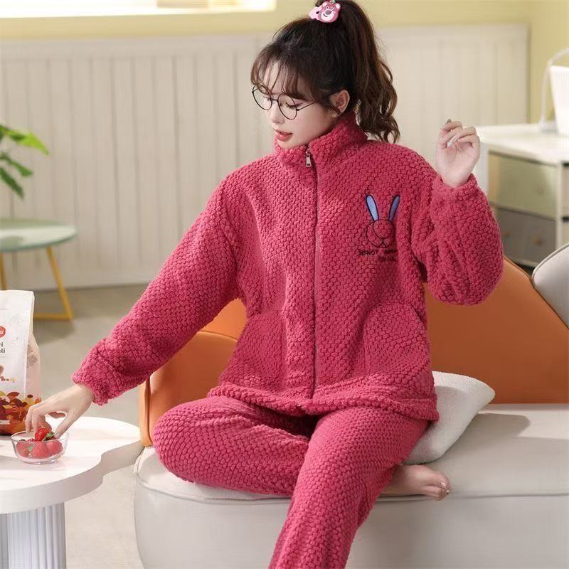 YY睡衣女秋冬季加绒加厚保暖卡通长袖家居服两件套