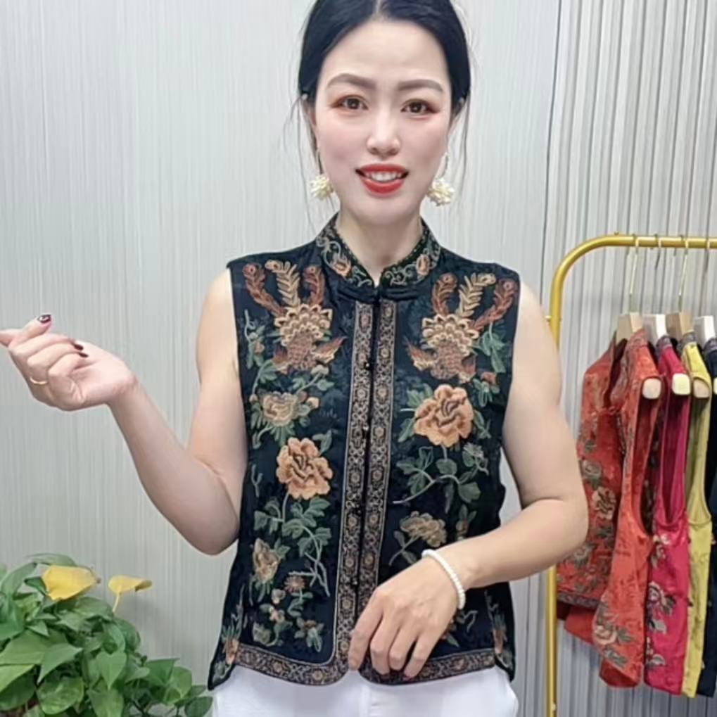 夏季刺绣提花重工刺绣短中式马夹国风拼接复古盘扣时尚百搭妈妈装