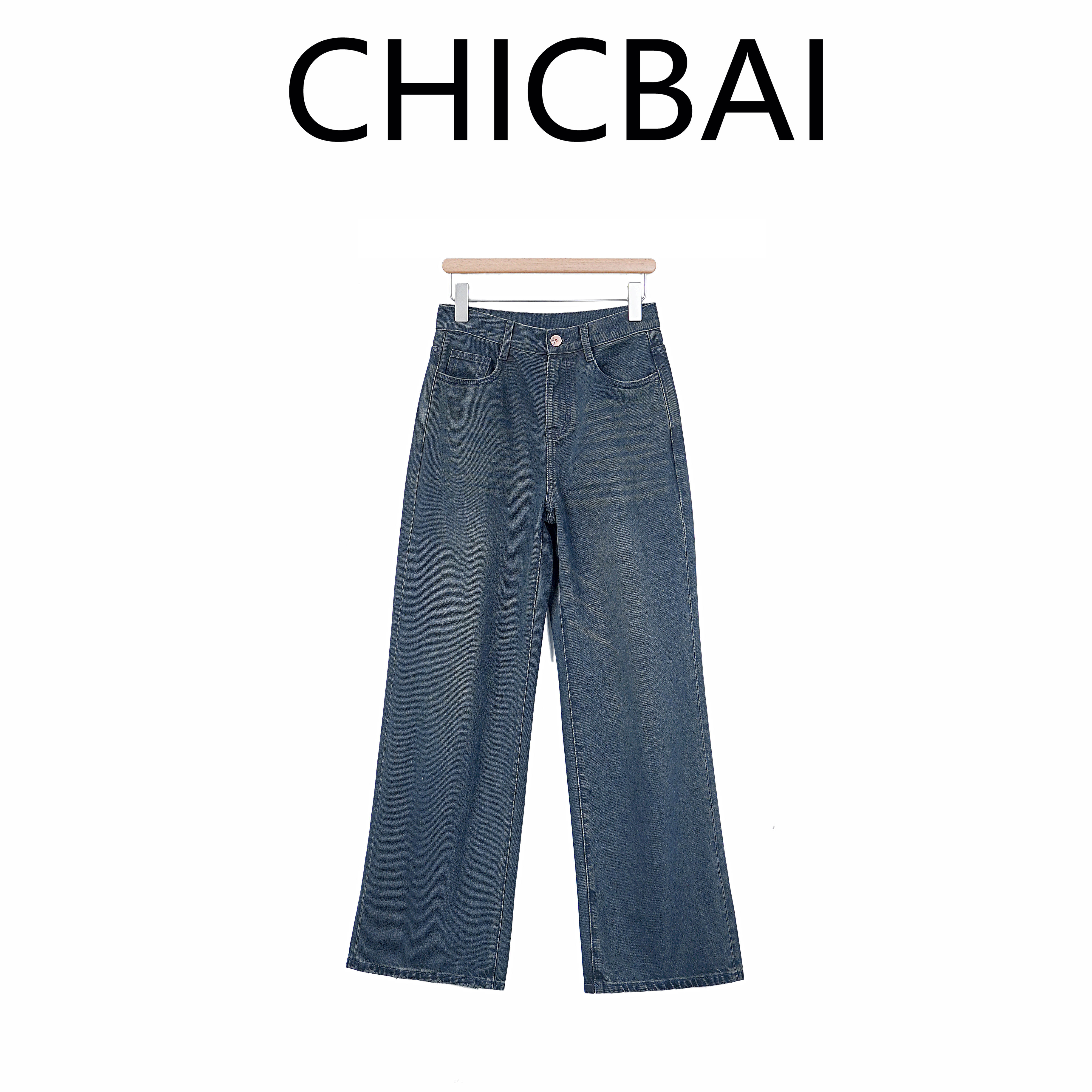 CHICBAI 全棉水洗复古轨迹原始感阔腿裤 静默的张力牛仔裤