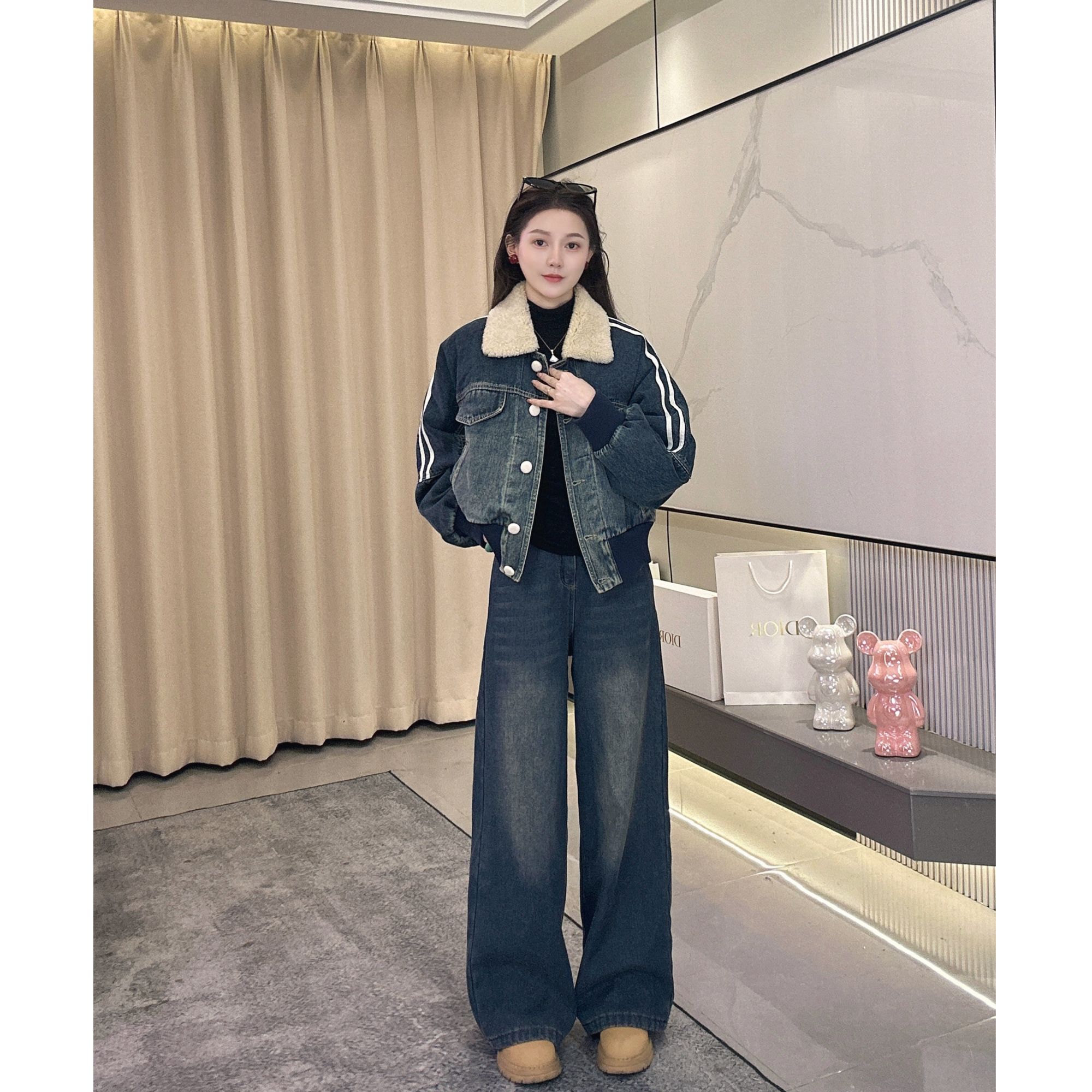 2025拼接百搭休闲冬款加棉款港风高级感夹克复古牛仔套装