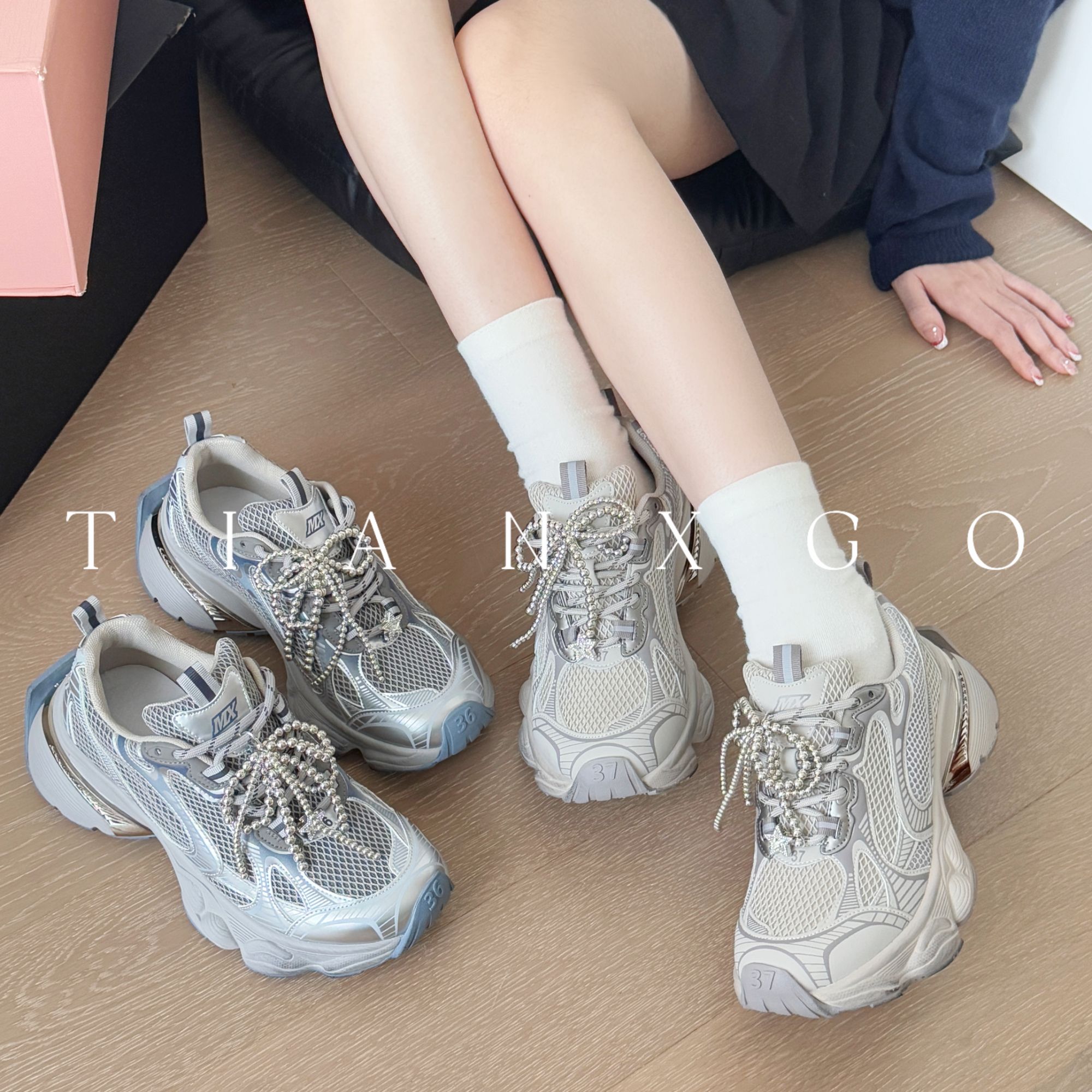 TIANXGO | 25new真皮老爹鞋复古高级网面运动鞋厚底做旧潮鞋