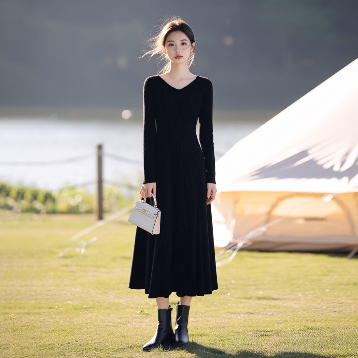 拉夏贝尔秋冬季加厚打底针织长袖法式V领显瘦百搭长裙时尚连衣裙
