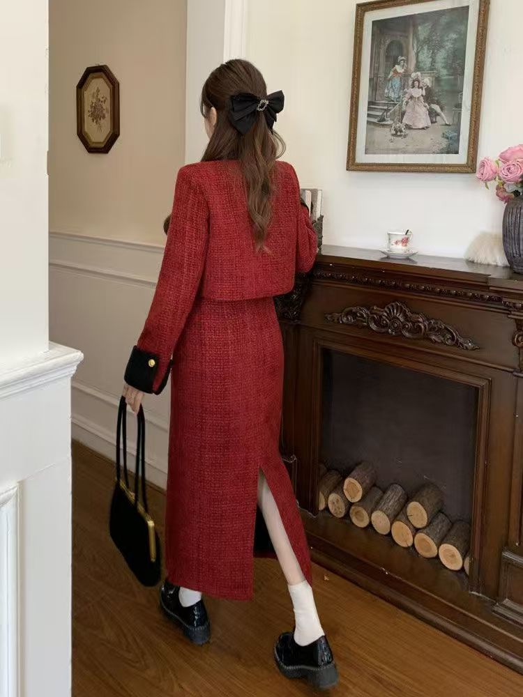 小香风套装女拼接外套上衣秋冬新款开叉半身裙甜美气质高级两件套