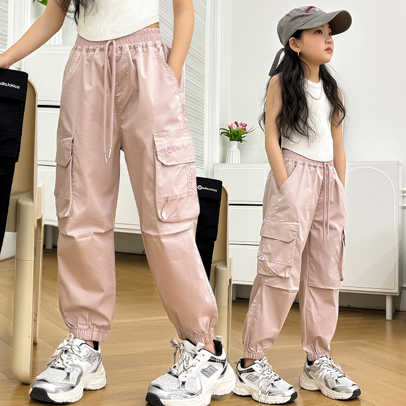 女童洋气工装裤春夏儿童休闲裤2025新款中大童宽松直筒裤男童裤子