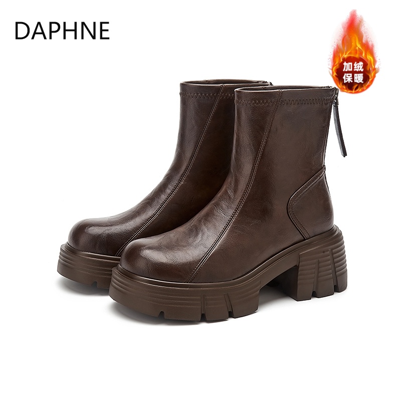 Daphne/达芙妮2025冬季爆款加绒保暖女靴子时尚百搭高跟中筒短靴