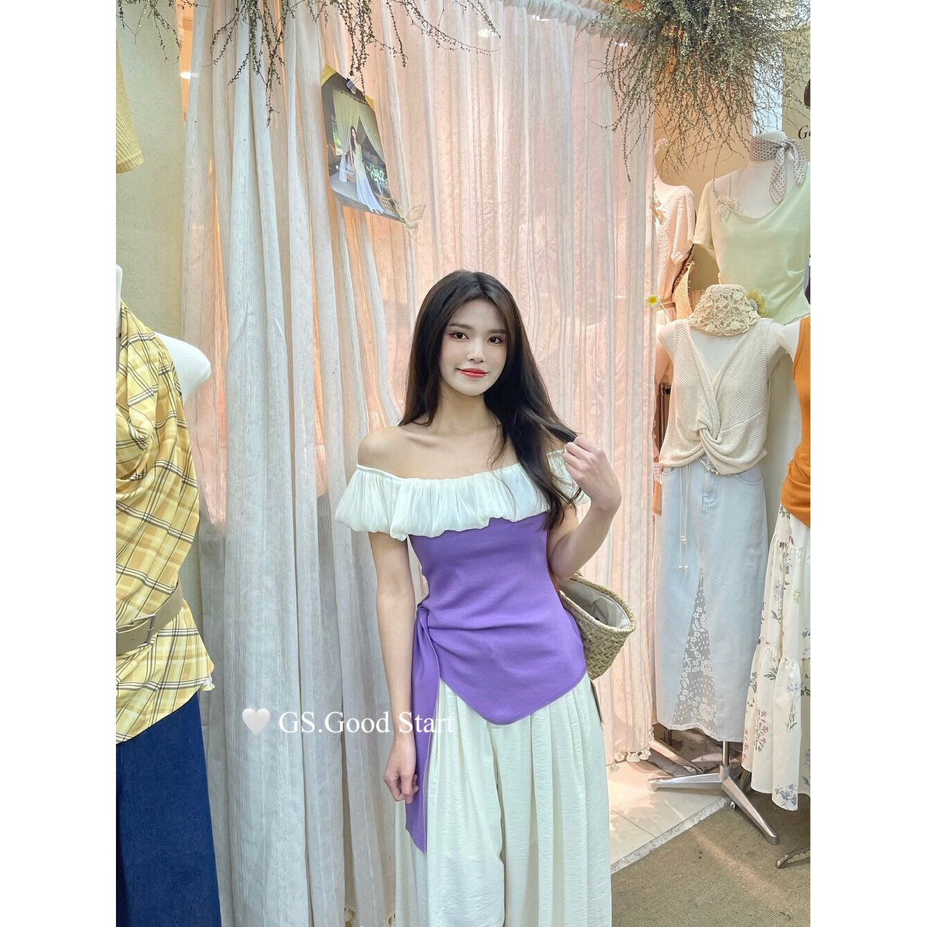 氛围感气质云朵边一字领露肩收腰显瘦上衣斜边绑带时尚百搭针织衫