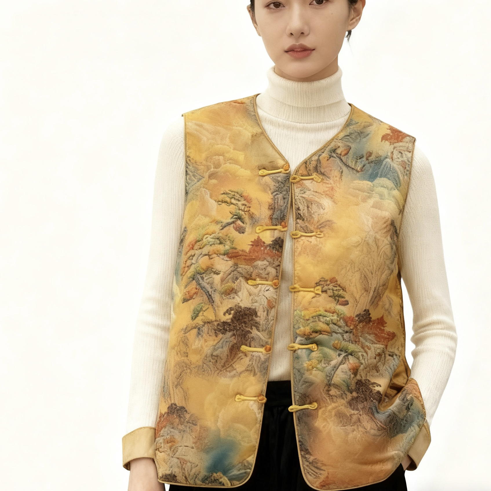 A3-610001薄款国风加绒加厚款冬季马夹时尚山水画