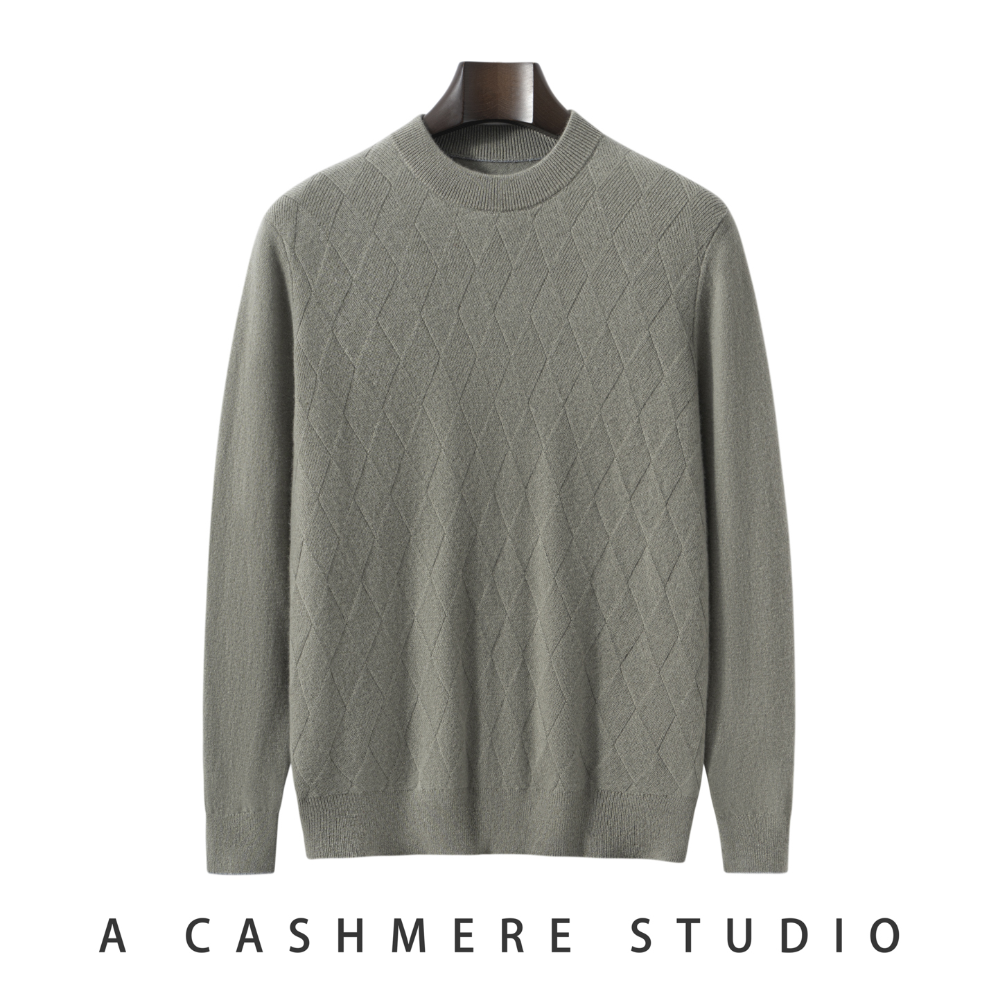 【秋冬上新】男士12针100%纯山羊绒套衫冬季菱形提花圆领针织长袖