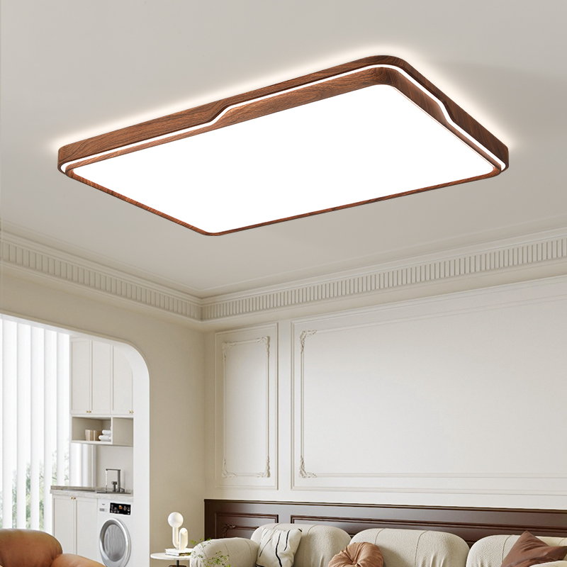 客厅灯吸顶灯复古侘寂风中古风胡桃木纹全光谱护眼长方形中山灯具