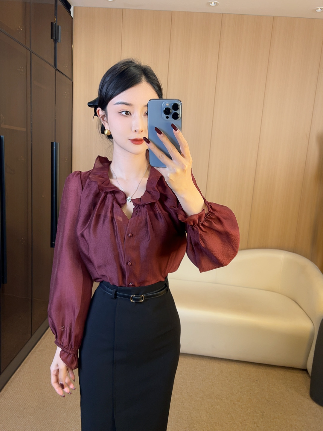 T法式复古红色轻熟显瘦气质时尚长袖通勤法式纯色百搭上衣5226