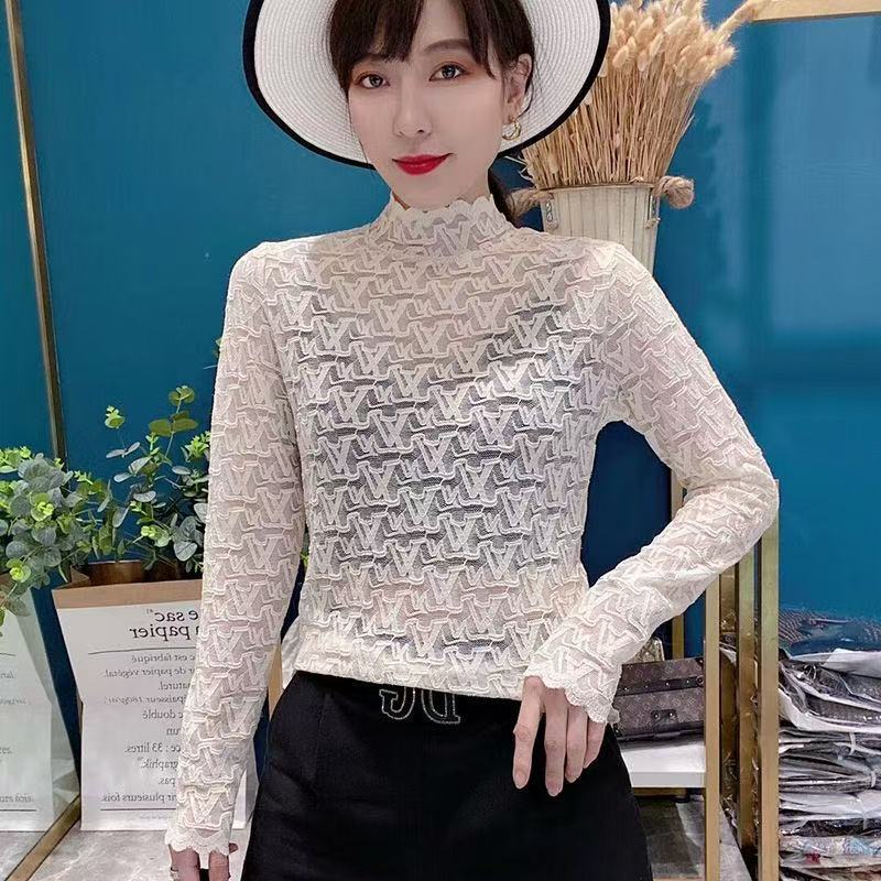 A1以直播间展示为准 蕾丝法式衫洋气打底衫高领ol半高领长袖加绒