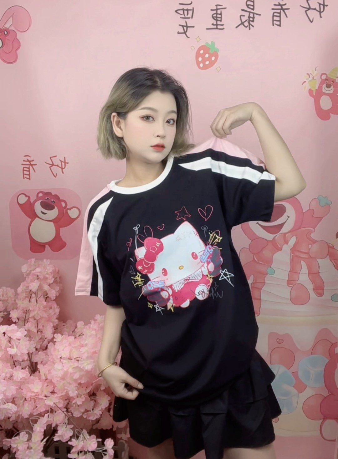 沐沐家 纯棉插肩T恤Hellokitty凯蒂猫夏季甜酷风短袖可爱上衣女潮