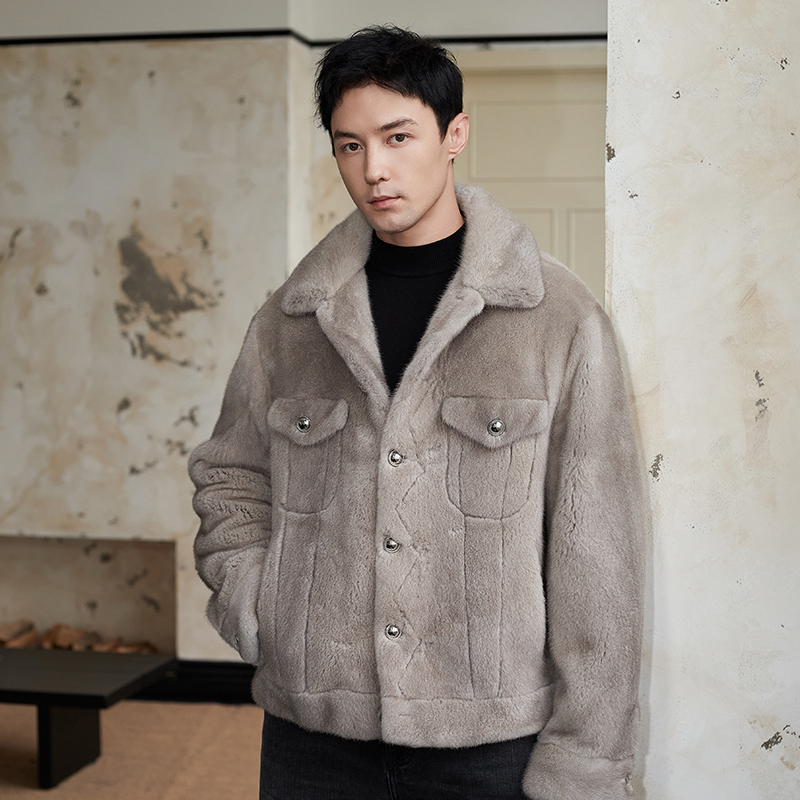 青年貂皮大衣男款翻领进口水貂整貂真貂皮草外套天鹅绒