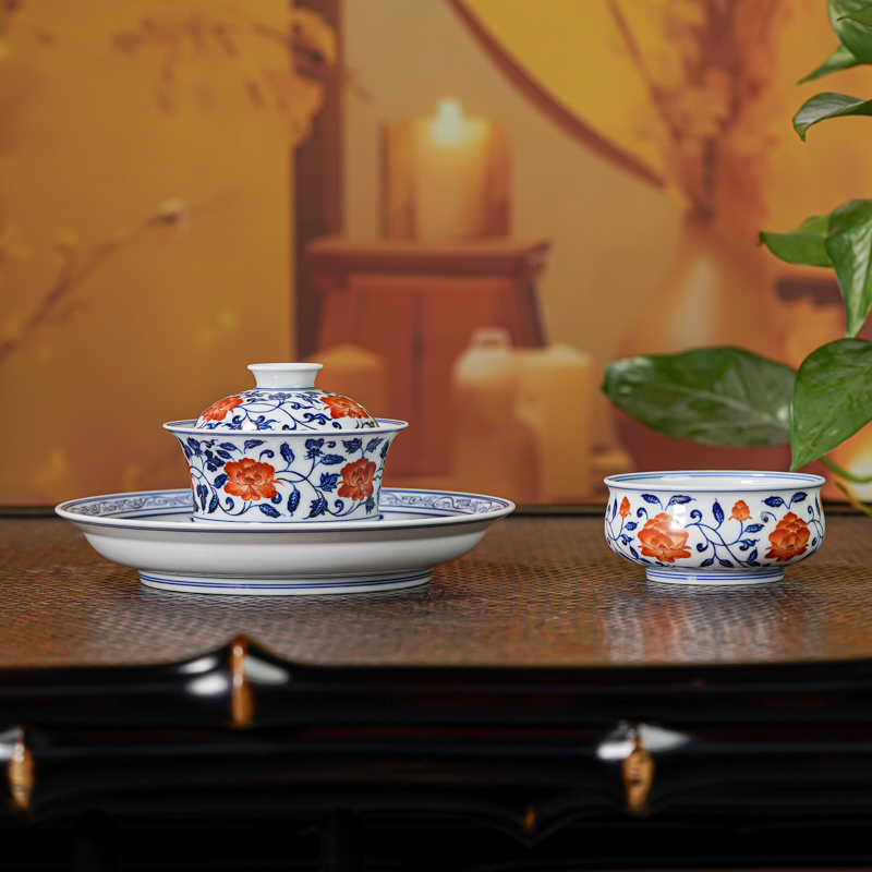 【墨舍柴窑】矾红缠枝牡丹茶道套组 mstz55 景德镇陶瓷茶具