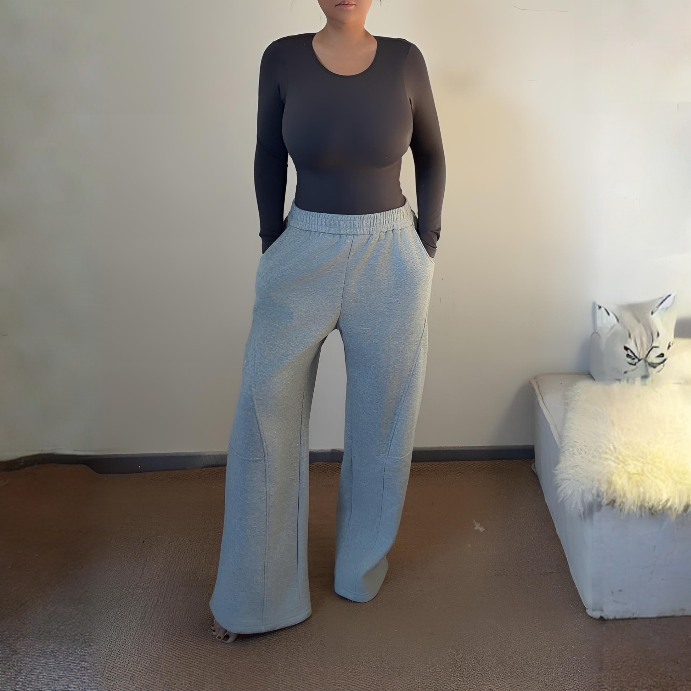 YANANSTUDIO百搭简约秋冬遮肉显瘦长裤保暖加绒弯刀阔腿休闲裤