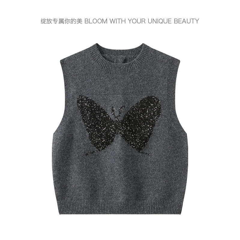 冬款上新 工字型款女蝴蝶马夹立领针织马甲保暖加厚 M25D9316Y