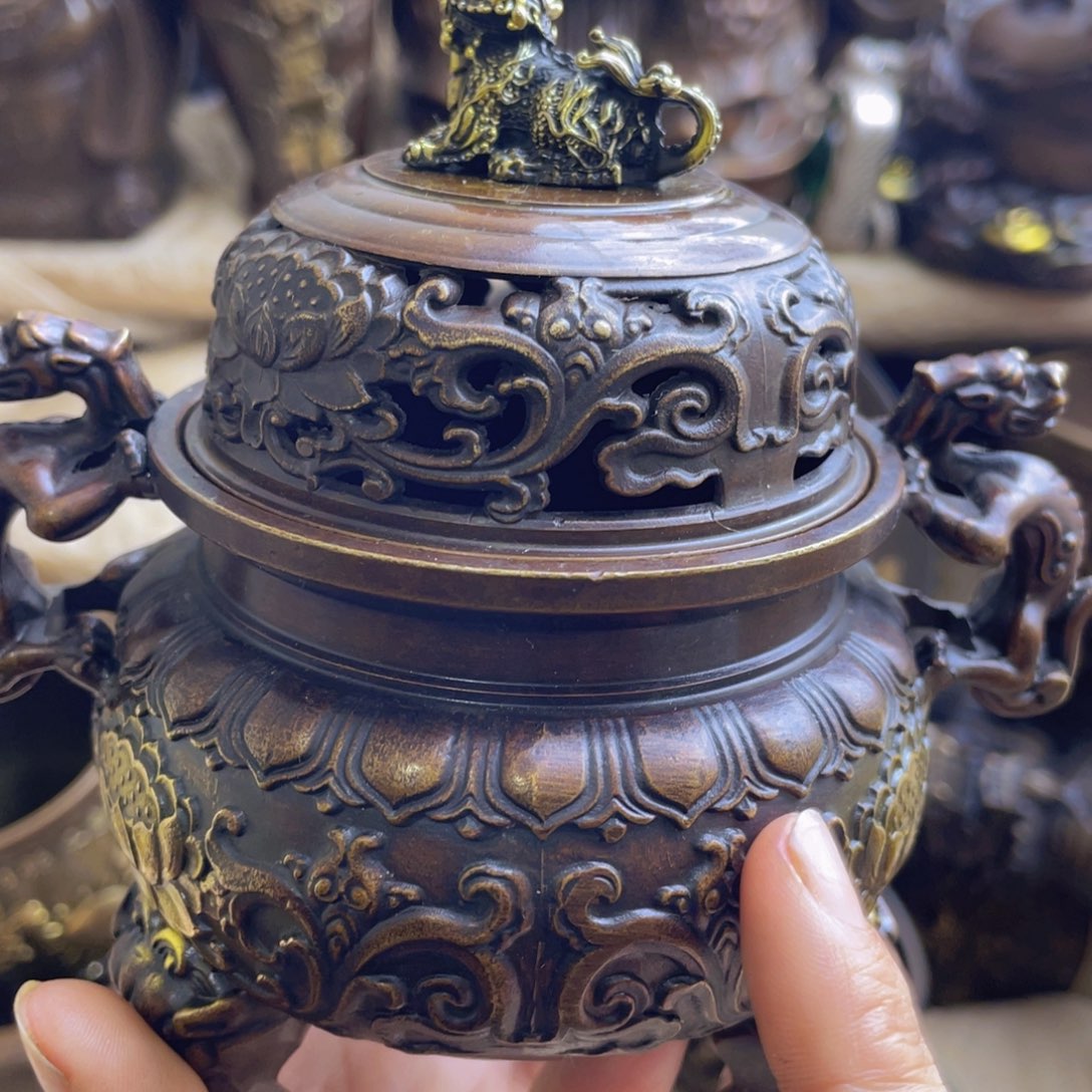 原矿风磨铜熏香炉 