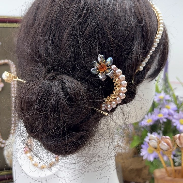 淡水珍珠发饰银S925镶嵌