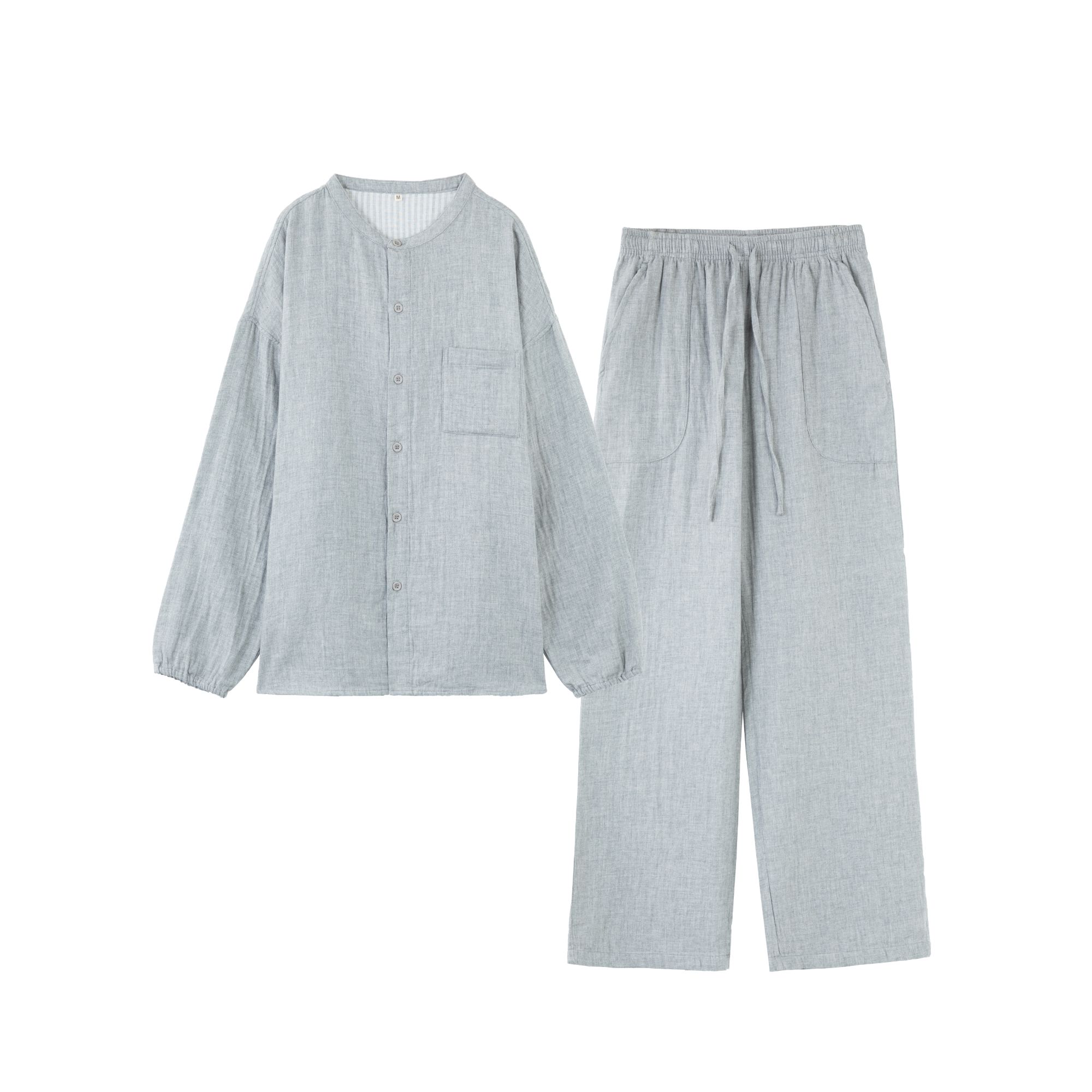 【纯色国潮风】男款加厚全棉双层纱家居服男士纯棉睡衣长袖长裤套装