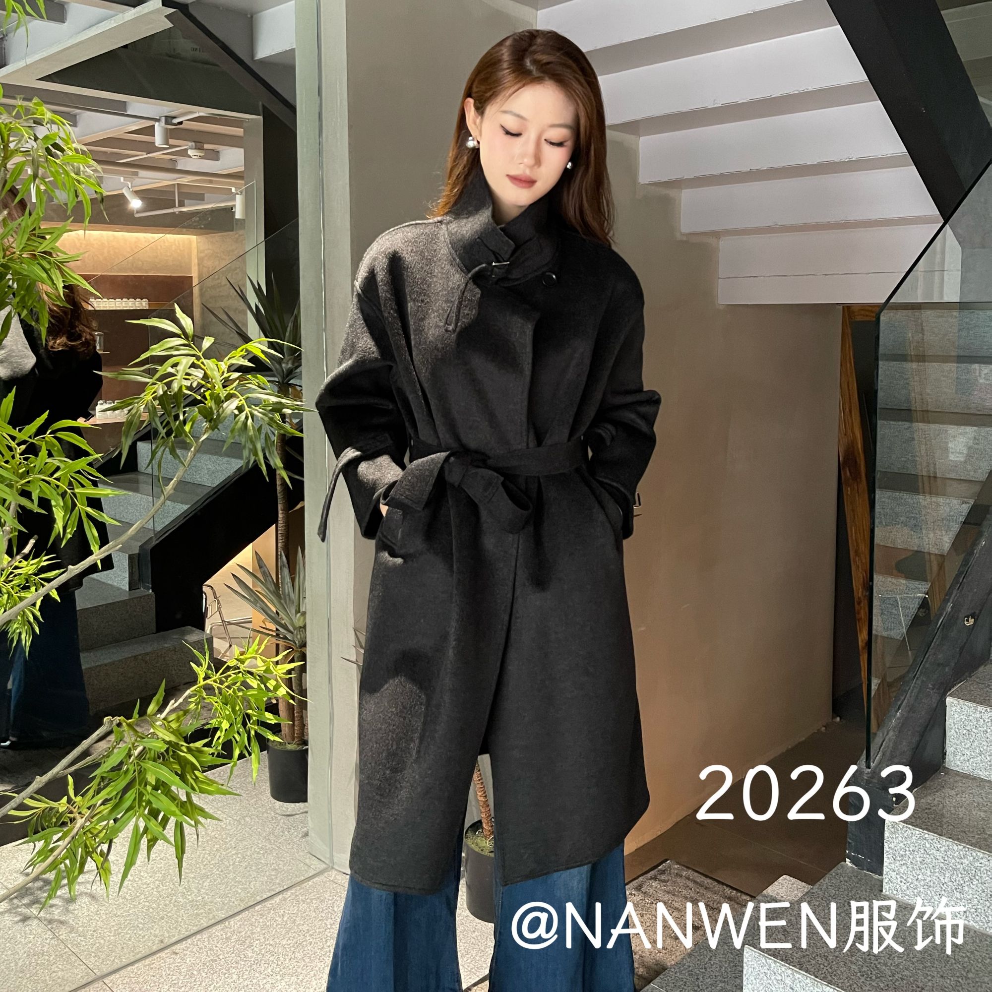 休闲风女长款秋冬中长款毛呢外套女装百搭外套呢大衣6619
