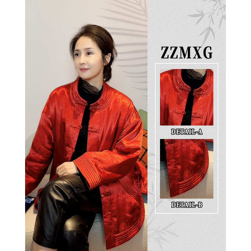 【珍珍国风设计】盘扣棉服冬季棉袄提花加绒女厚款圆领外套80016