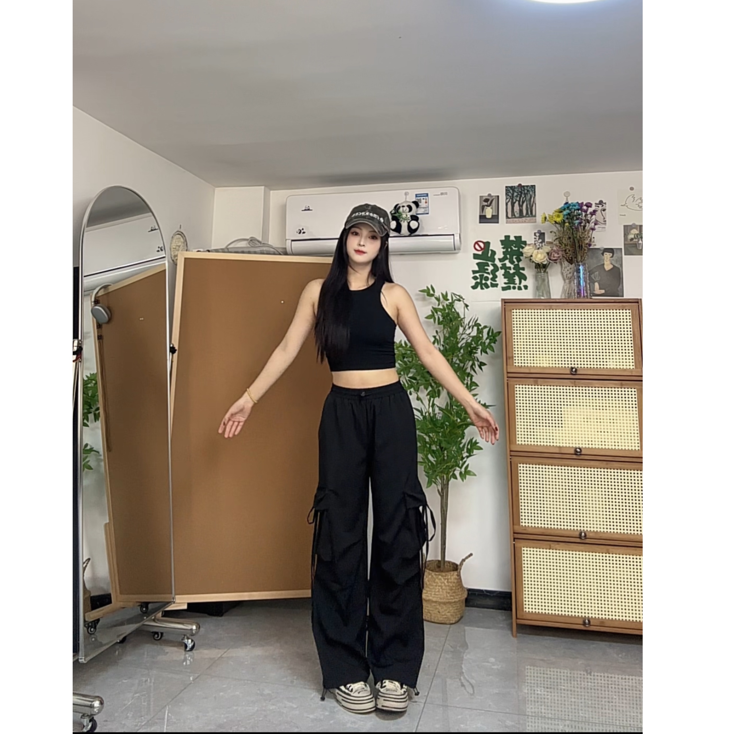 春夏薄款飘带工装裤遮肉显瘦阔腿裤迷彩工装裤黑色直筒工装裤