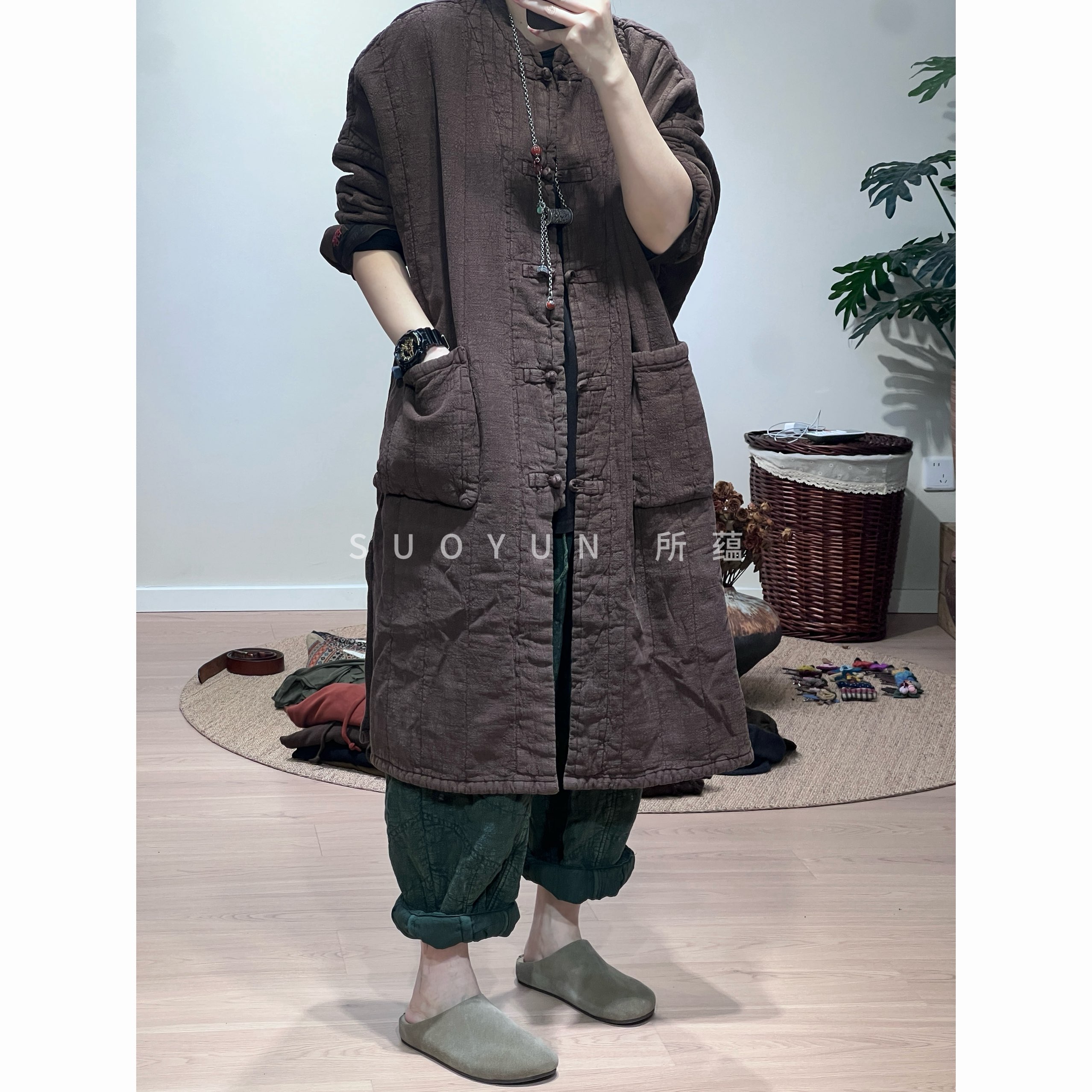 所蕴秋冬新款亚麻双层对襟盘扣保暖棉衣重工炒色做旧长外套M5
