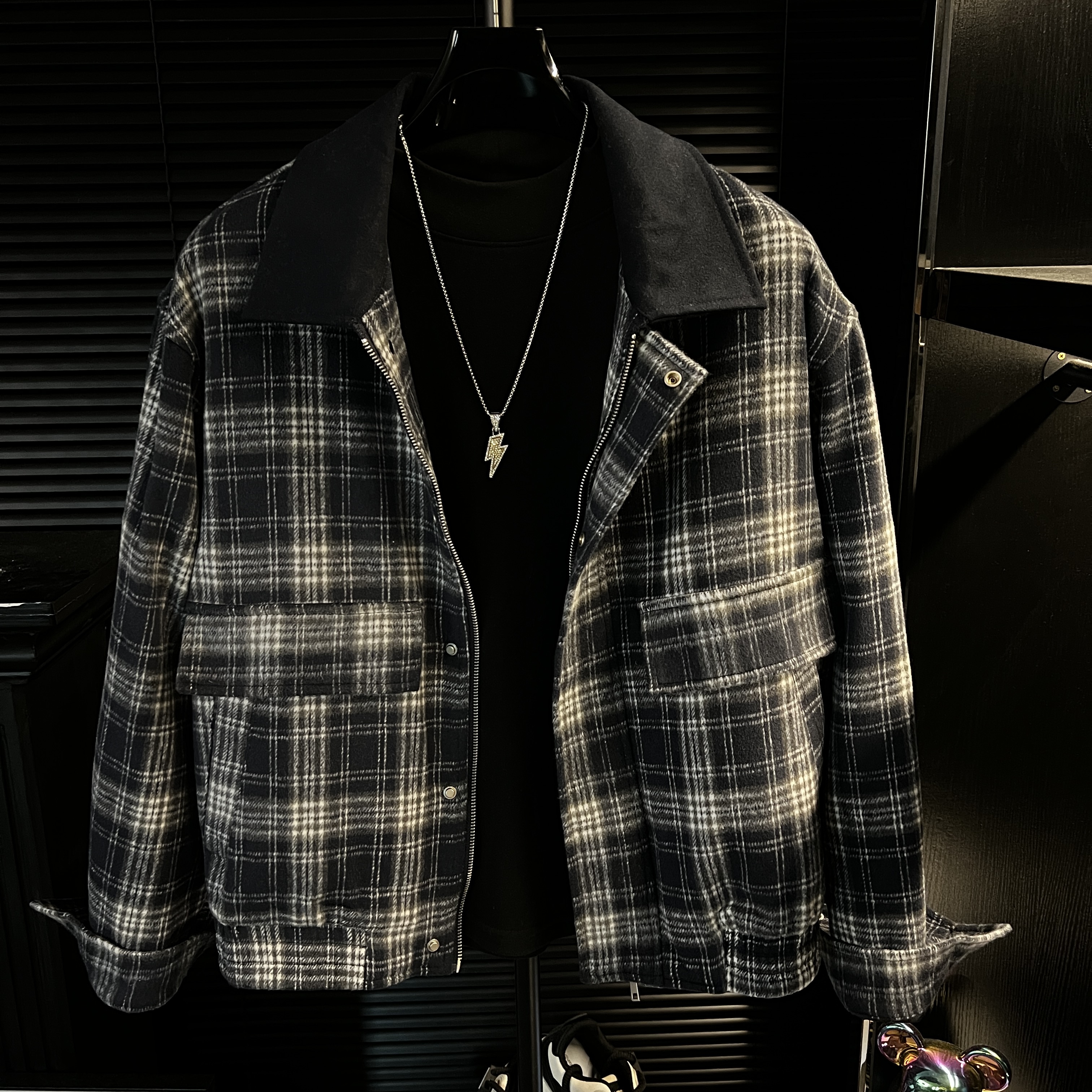 MZ-冬季保暖加绒加厚男士拼色翻领宽松格子夹克外套