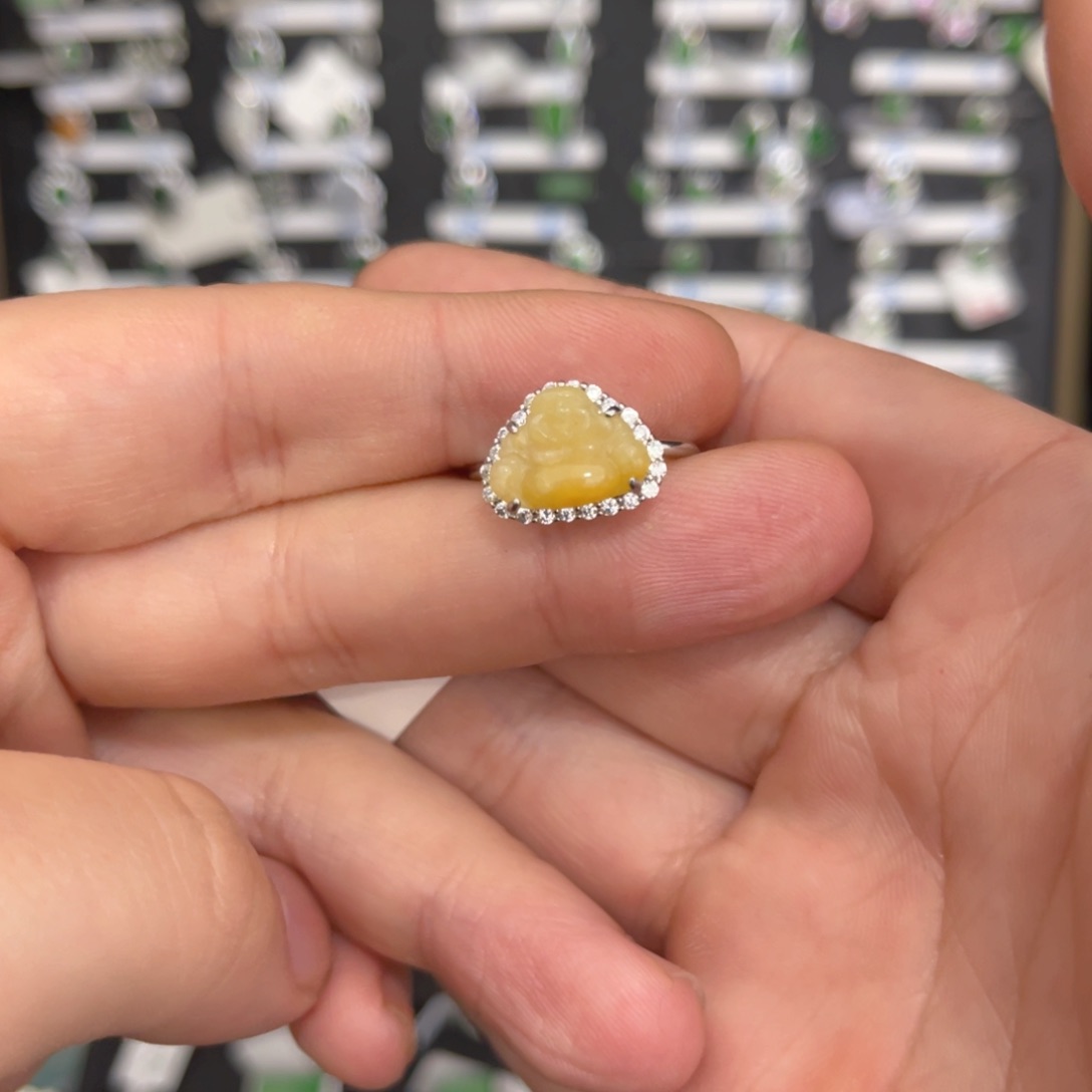 翡翠戒指银S925镶嵌翡翠佛公