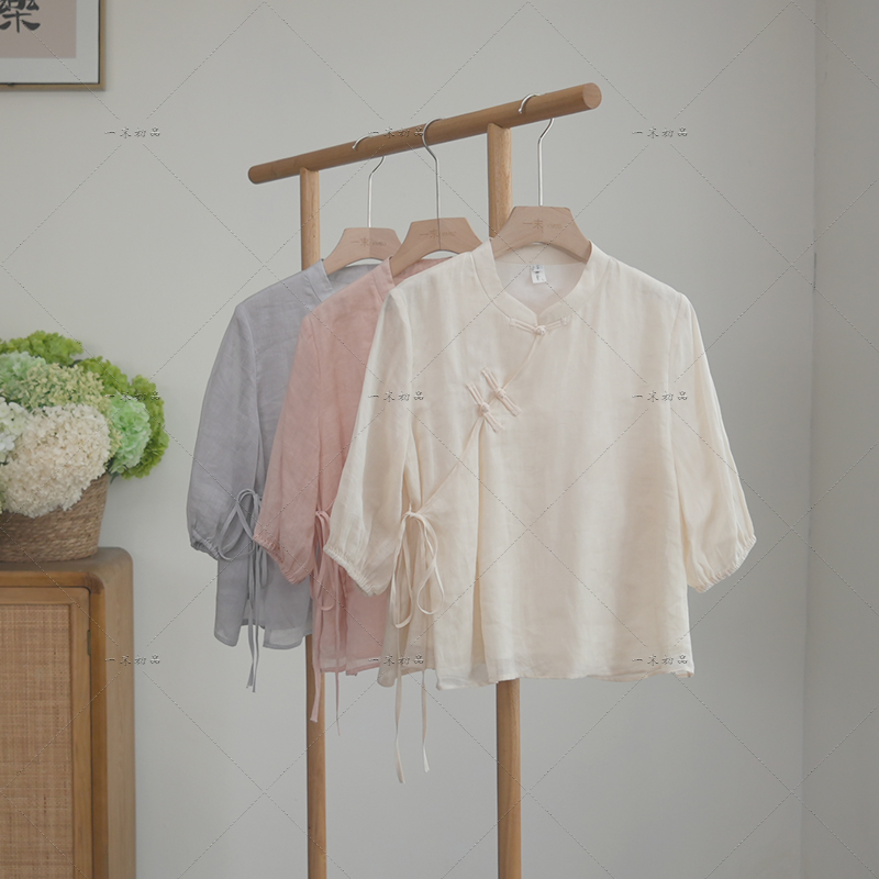 4817《温妤》原创小众设计高级别致独特百搭宽松开衫系带苎麻上衣