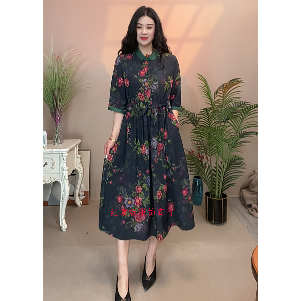 夏季长裙时尚短袖宽松遮肉显瘦收腰抽绳女士裙子【连衣裙182】