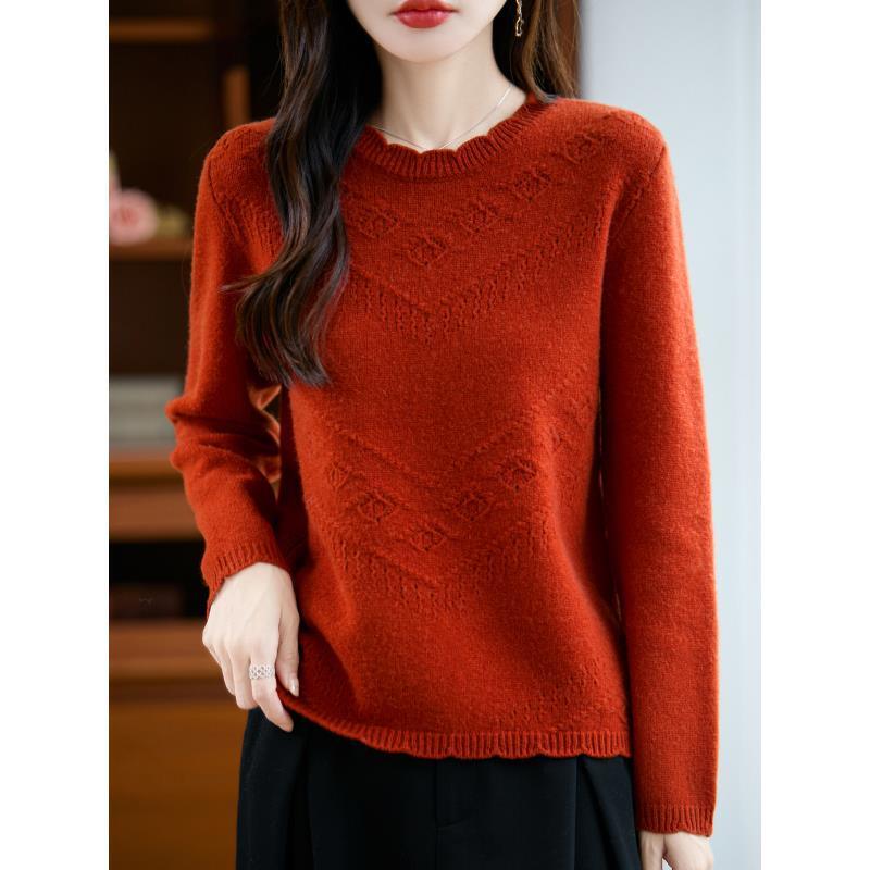 秋季上新100%纯羊毛七针加厚圆领花边镂空羊毛上衣NJR096