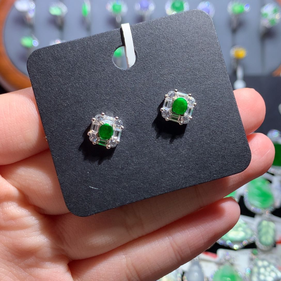 翡翠耳饰银S925镶嵌天然翡翠