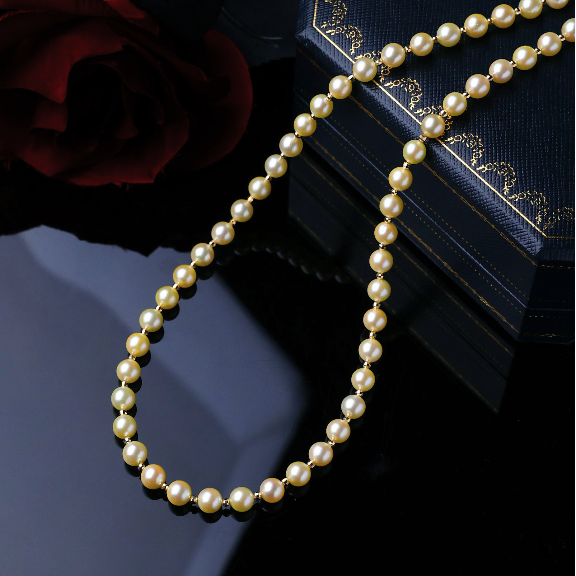 天然海水珍珠项链5-7mm羽黄金色18K金时尚串链送礼物*多样性发一