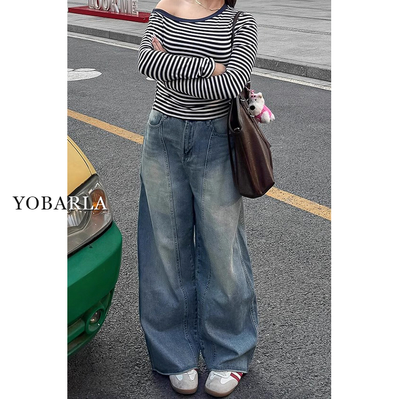 复古蓝高腰直筒牛仔裤女春季新款大码宽松显瘦梨形身材阔腿裤子