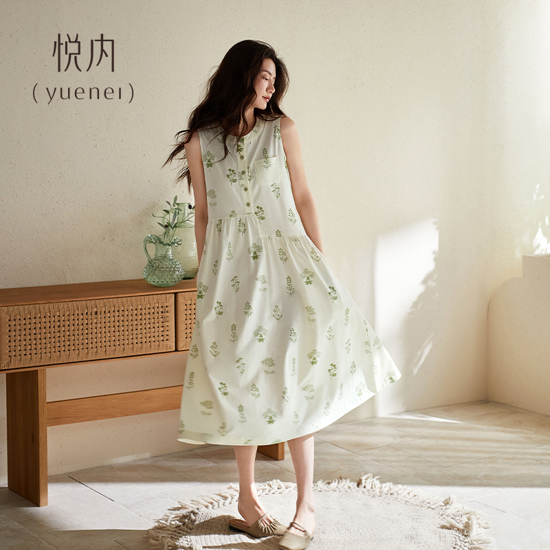 悦内【带胸垫】夏季纯棉无袖背心睡衣长款连衣裙可外穿森系碎花裙