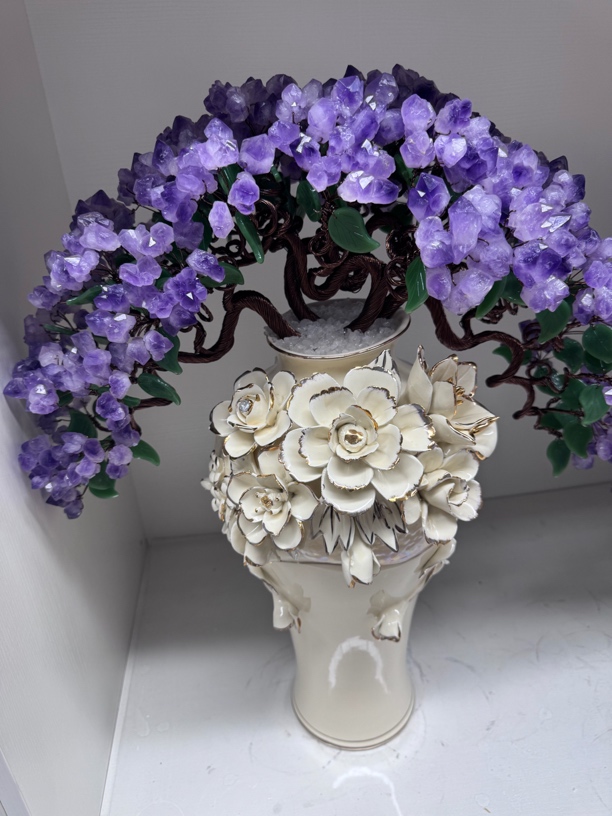 【姚姐家水晶坊】左右逢源富贵花紫水晶树欧式陶瓷摆件创意玄关摆设